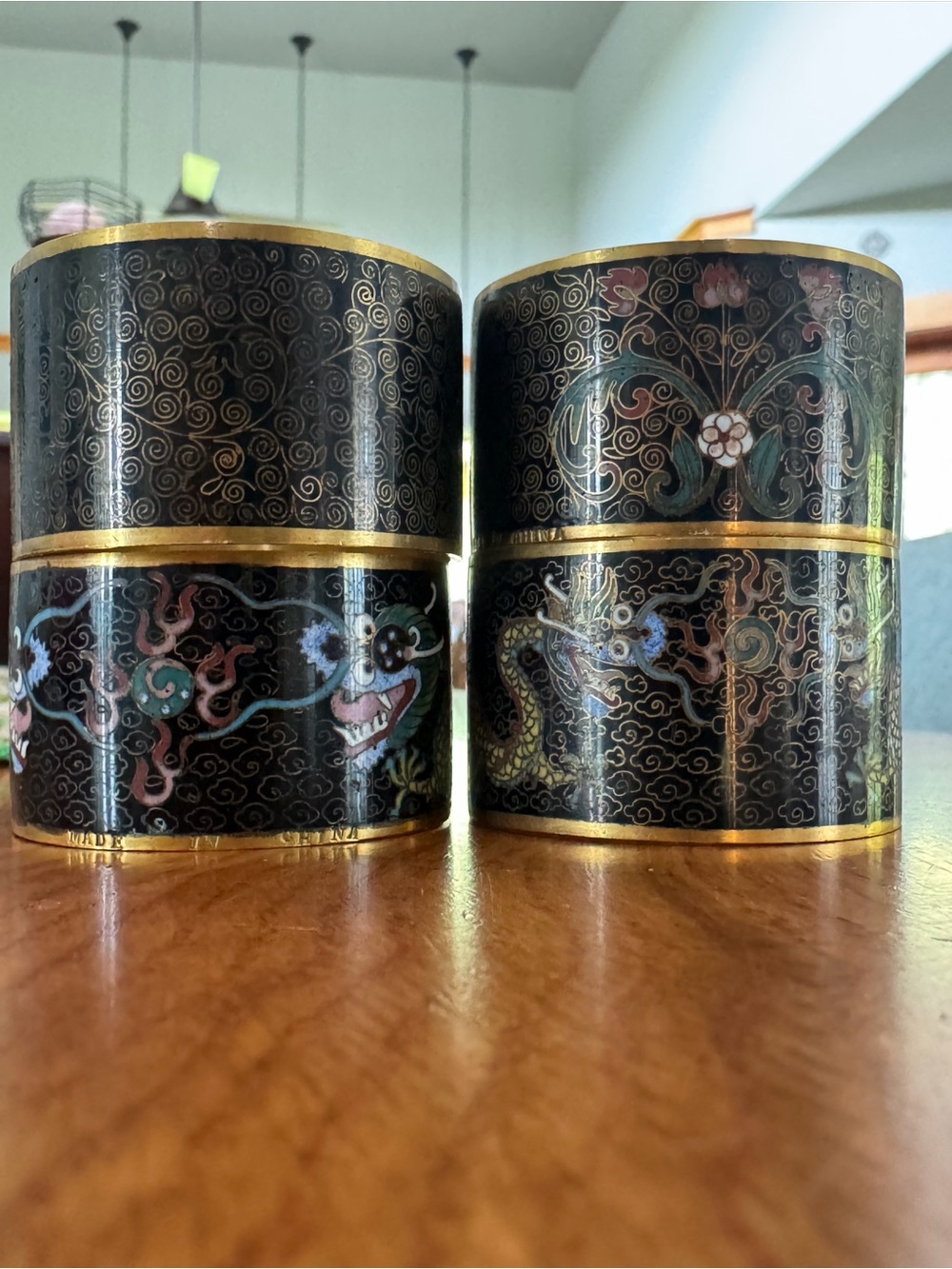 4 Vintage Cloisonné Napkin Rings Brass Enamel Floral Dragon Asian Design